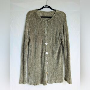 90s Crushed Velvet Cardigan Taupe Minimalist Button Front Top M